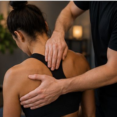 Deep tissue massage to a client's neck and shoulders at a Newcastle clinic