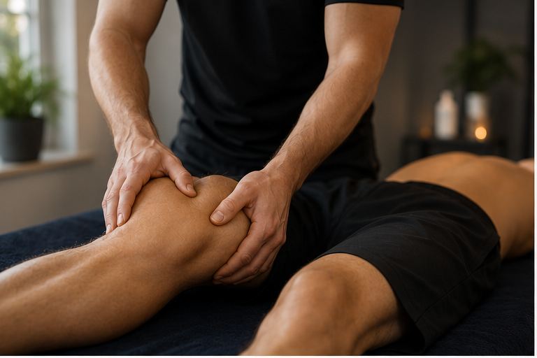 Sports massage therapist working on a client's knee and leg