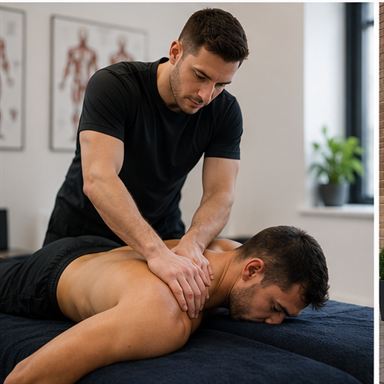 Sports massage therapist treating a client's upper back in Newcastle