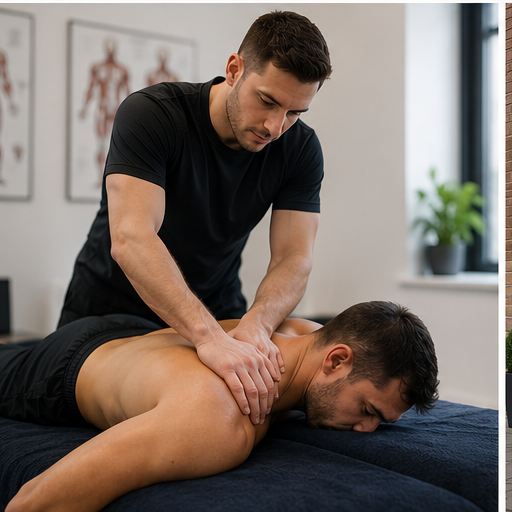 Sports massage therapist treating a client's upper back in Newcastle